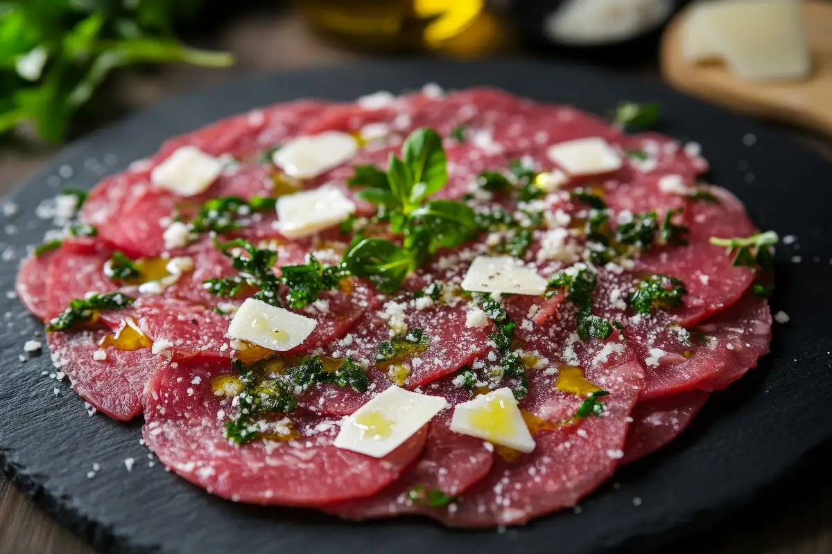 Carpaccio de bœuf avec copeaux de parmesan, salade, pesto